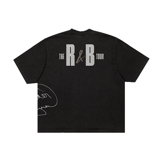 Black t-shirt with 'The R&B Tour' text onthe back