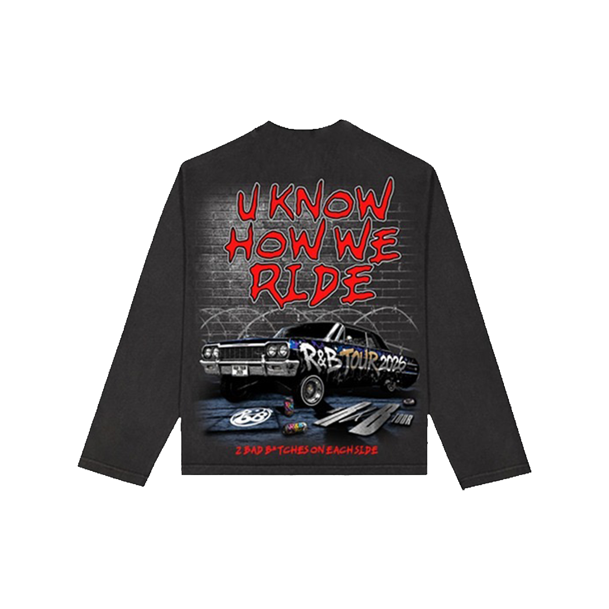 Black long-sleeve shirt with graphic design and text on the back