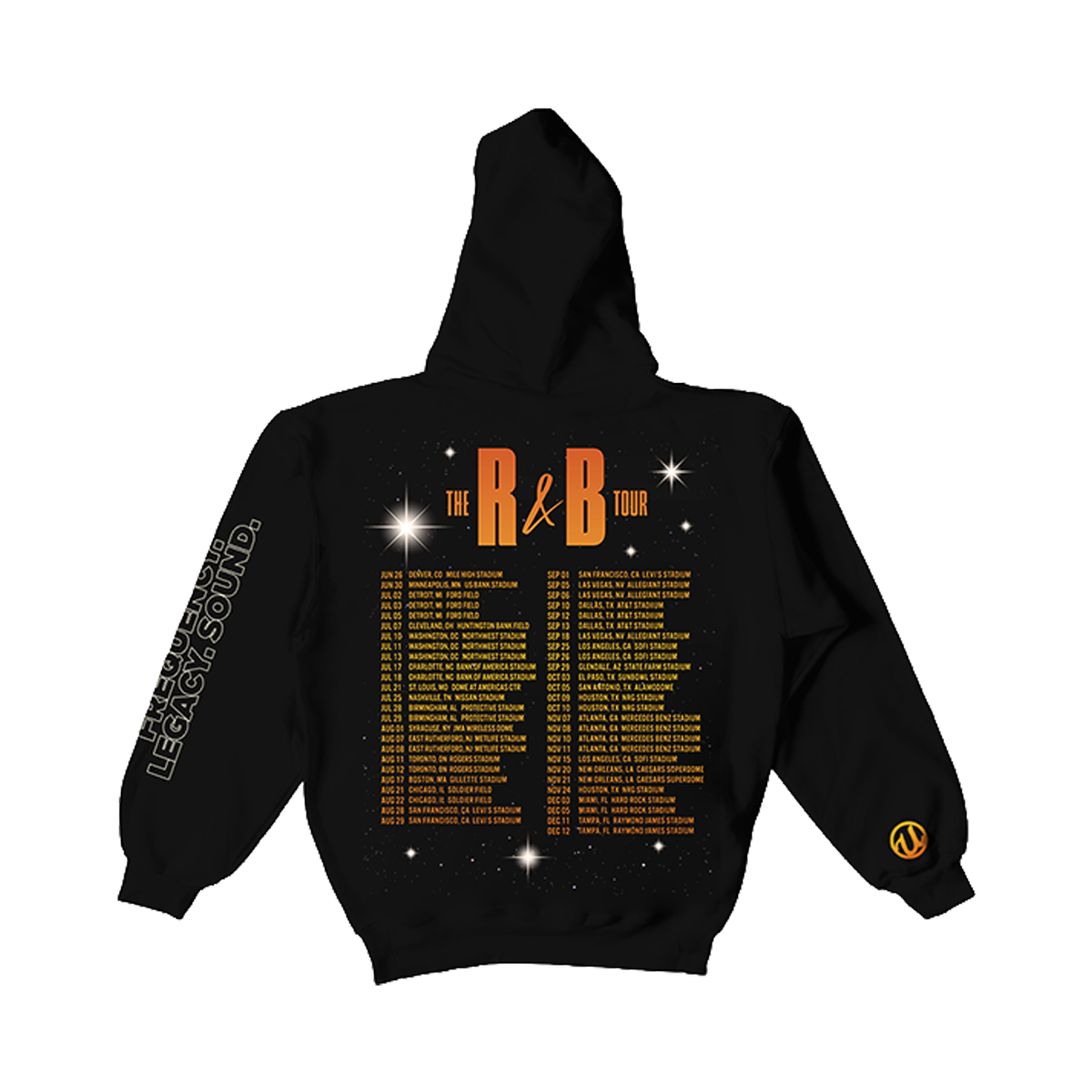 Black hoodie with 'R&B Tour' design and tour dates on back