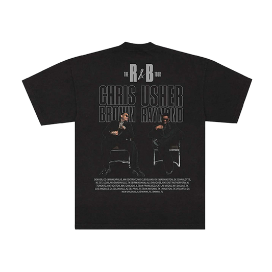 Black t-shirt with graphic design and tour dates on back