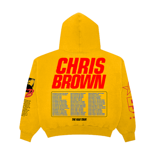 Yellow hoodie with 'Chris Brown' text on the back and R&B Tour Dates