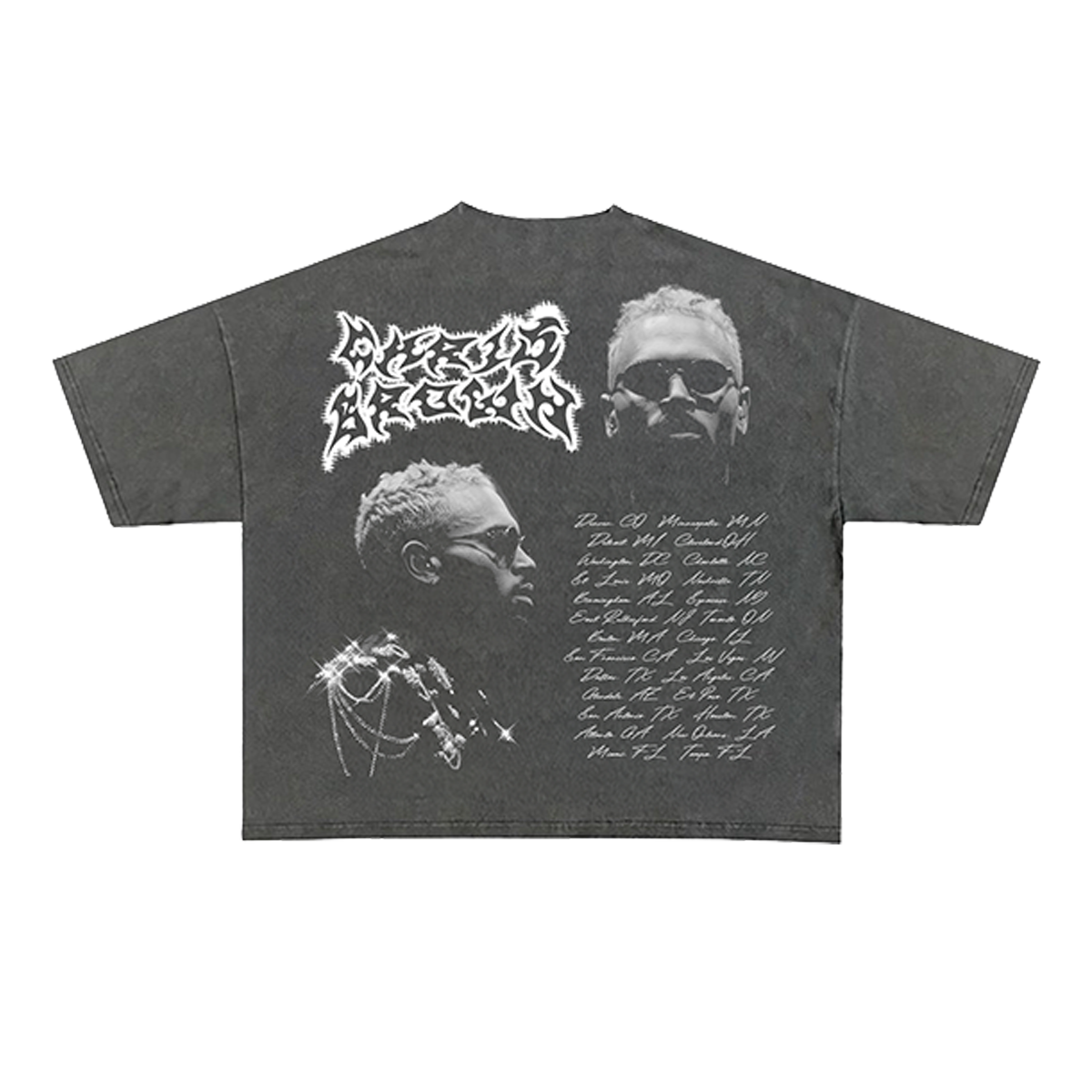 Gray t-shirt with graphic designs and text on the back