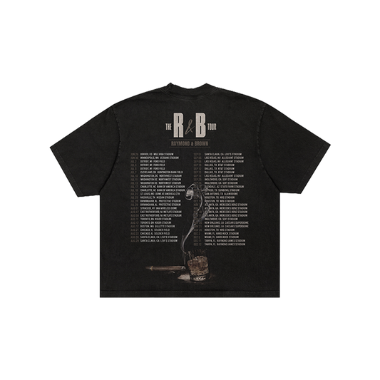 Black t-shirt with graphic design and tour dates on the back