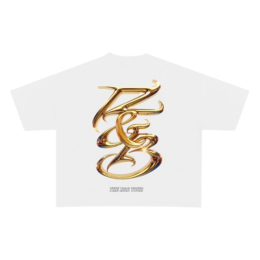 White t-shirt with gold R&B logo