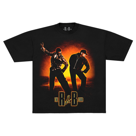 Usher and Chris Brown R&B tour graphic on a black t-shirt