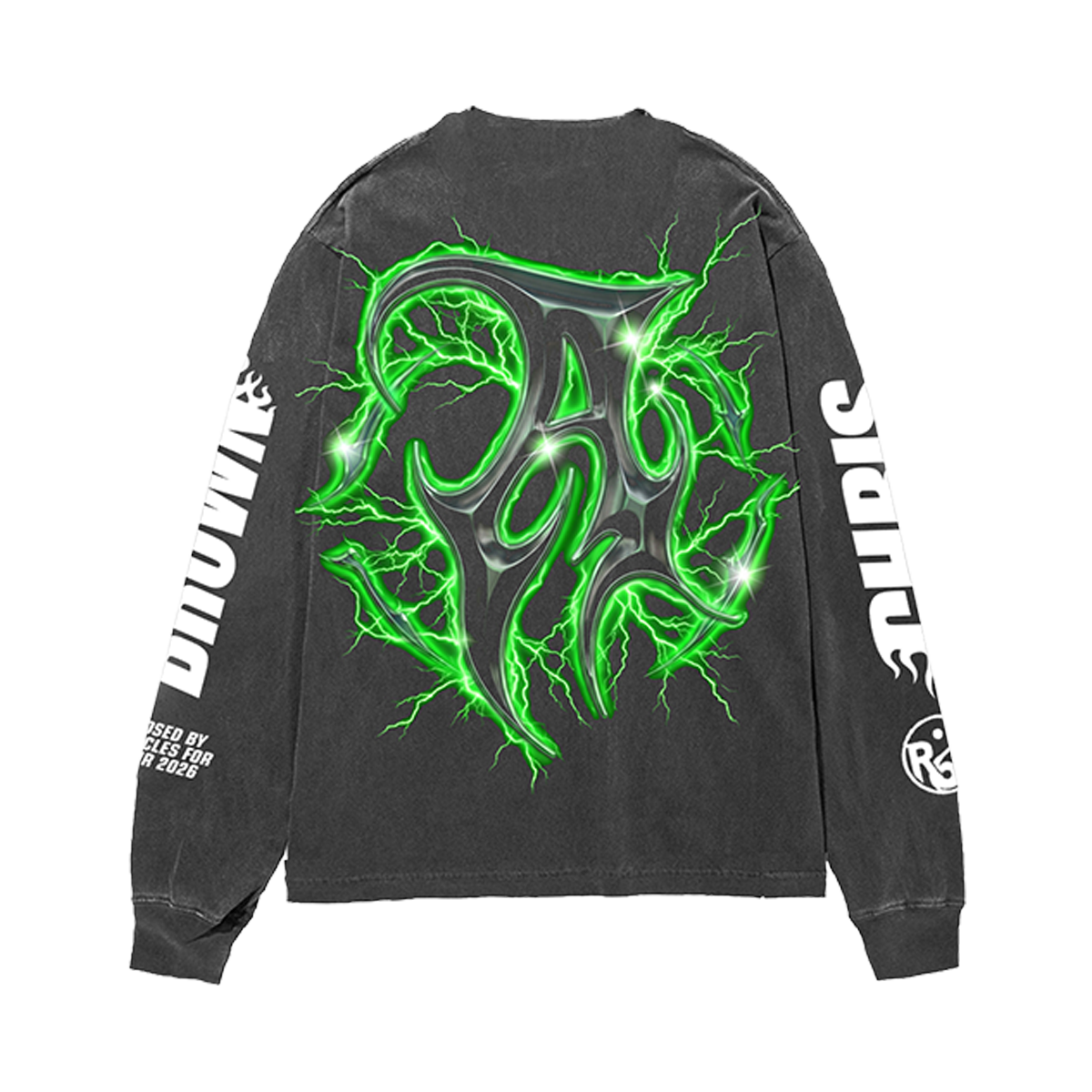 Black long-sleeve shirt with green graphic design on back