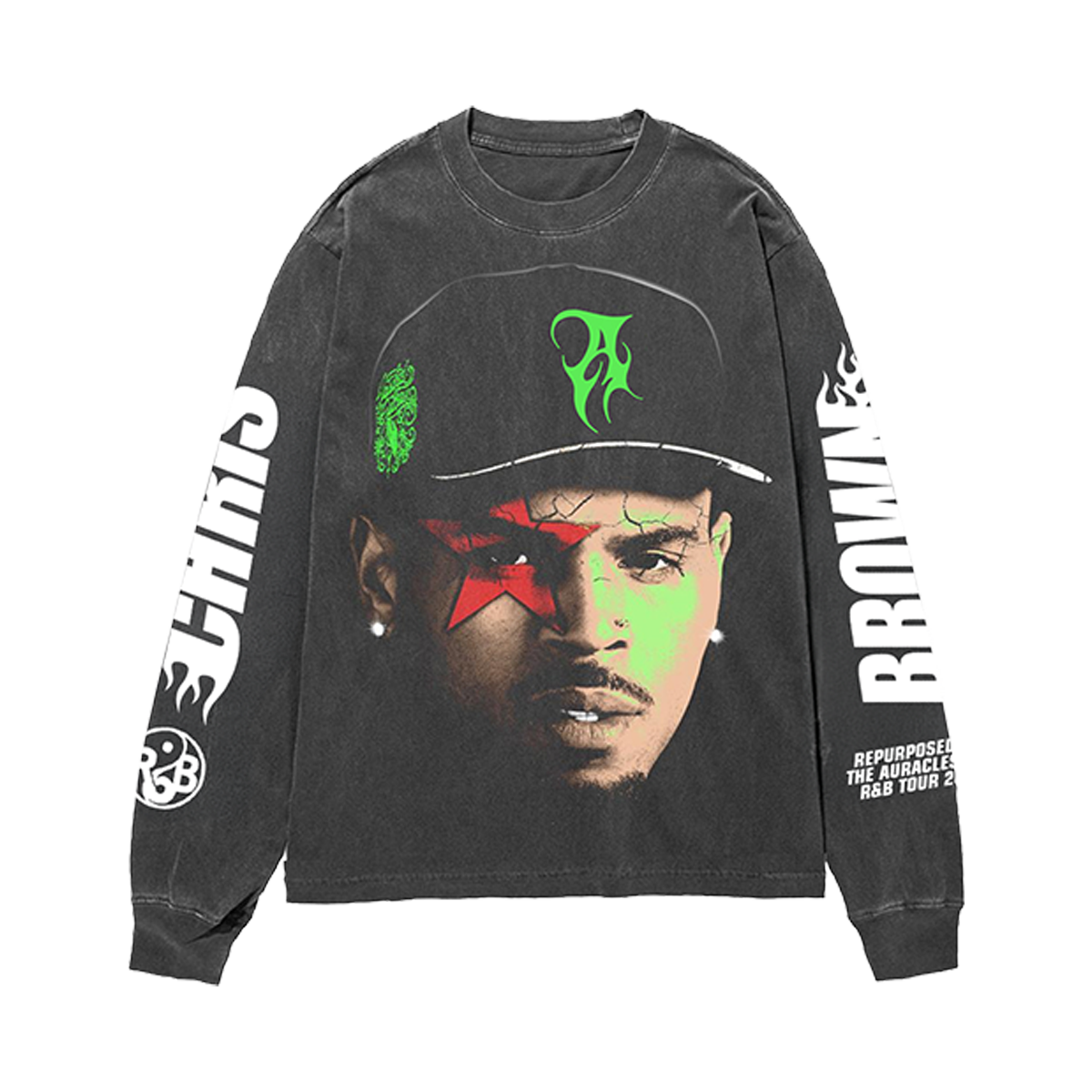 Black long-sleeve shirt with graphic design of Chris Brown wearing a cap and graphic printed on sleeve.