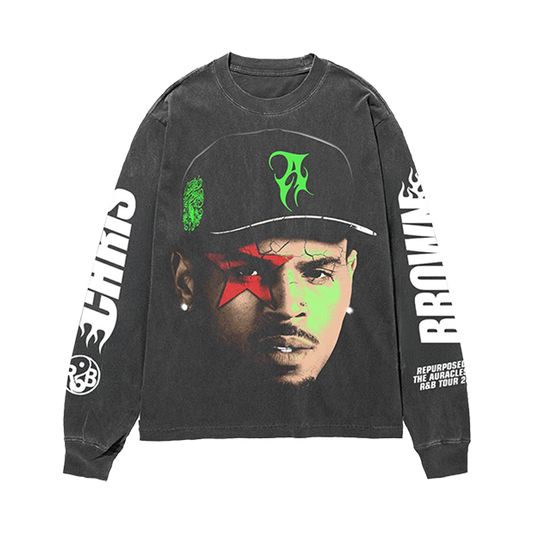 Black long-sleeve shirt with graphic design of Chris Brown wearing a cap and graphic printed on sleeve.