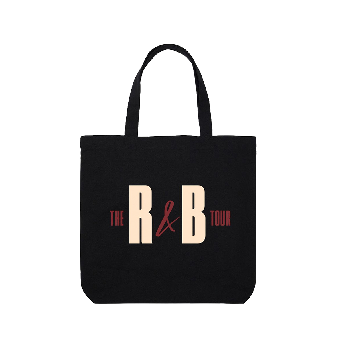 Black tote bag with 'The R&B Tour' text 