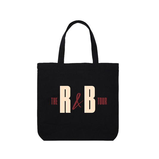 Black tote bag with 'The R&B Tour' text 