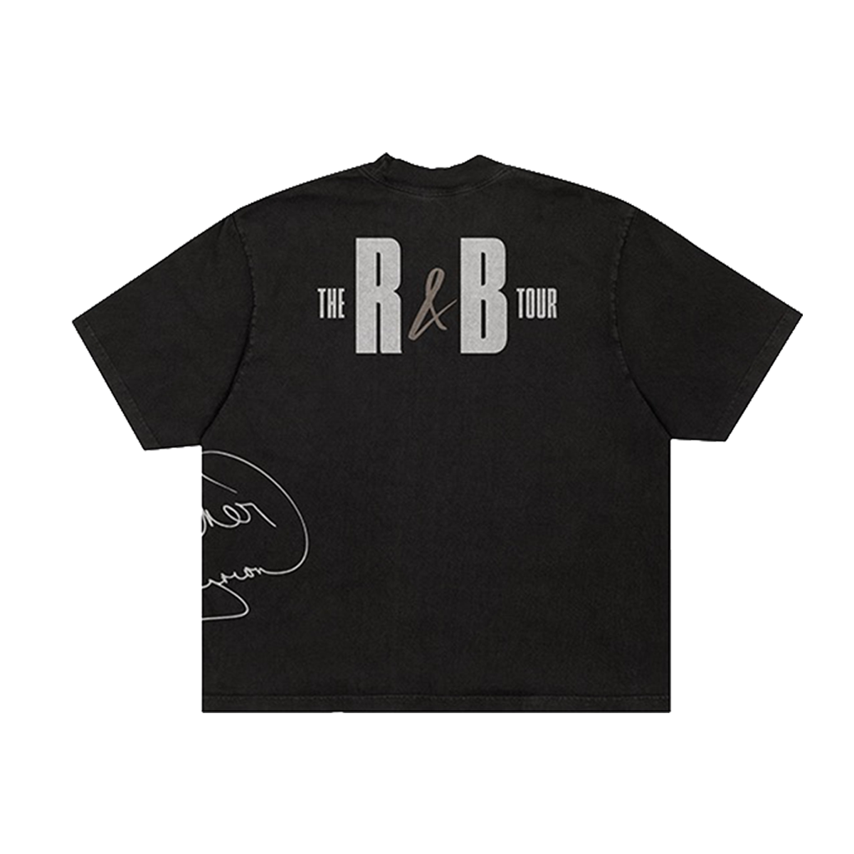 Black t-shirt with 'The R&B Tour' text onthe back