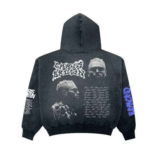 Black hoodie with graphic designs and text on the back