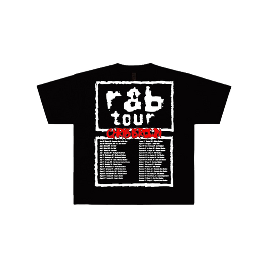 Black t-shirt with white and red text and tour dates on back