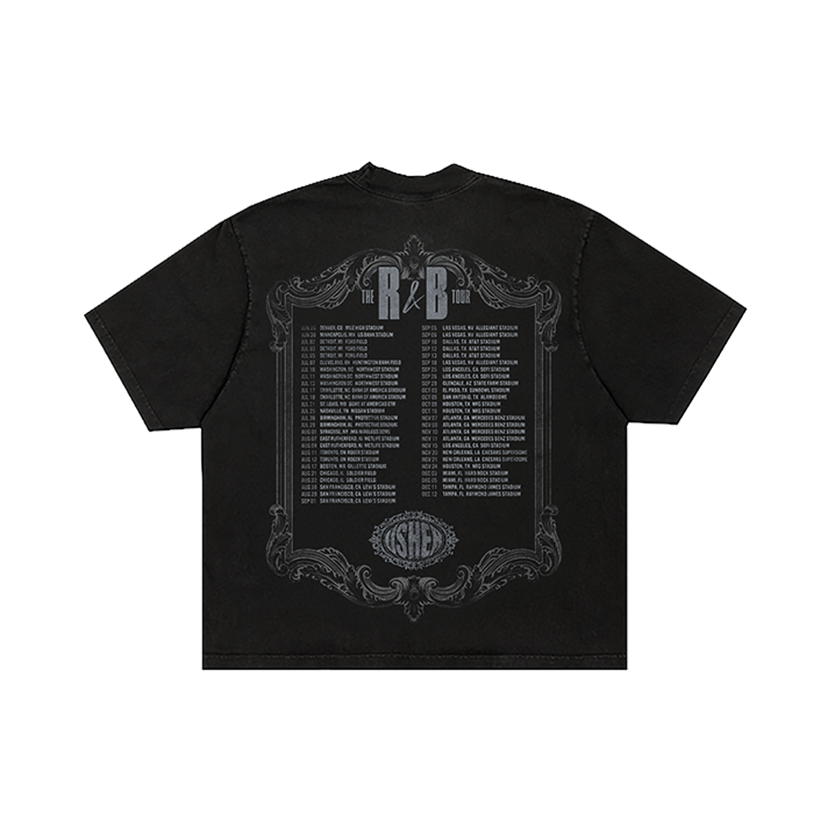 Black t-shirt with R&B tour dates on back