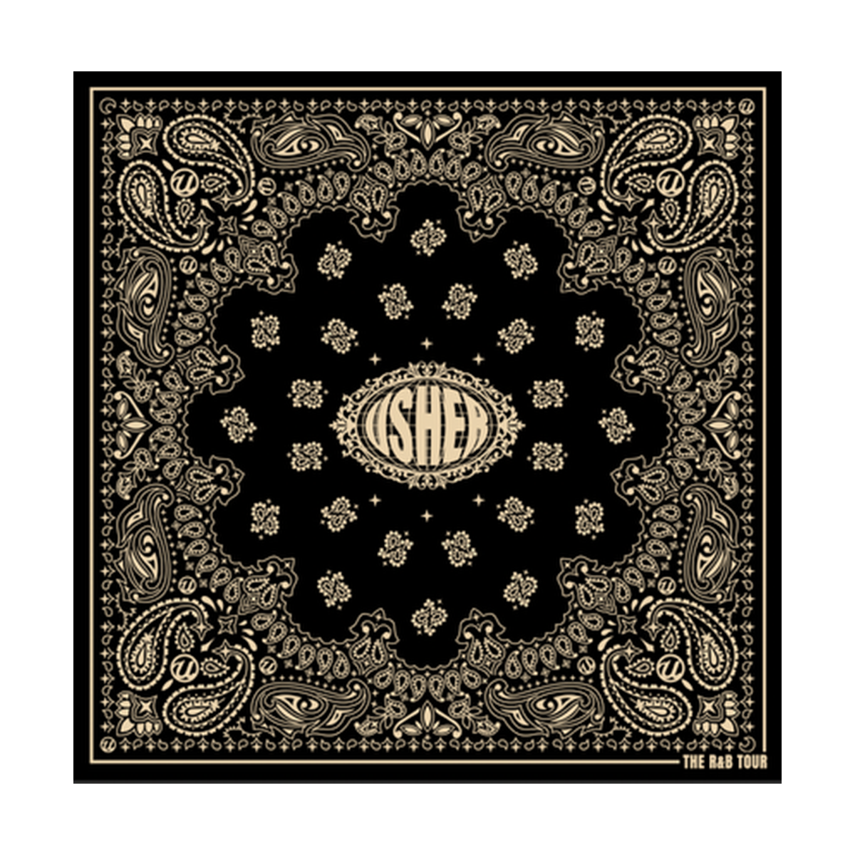 Black bandana with gold paisley pattern and USHER logo