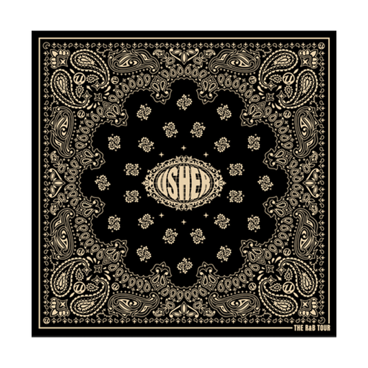 Black bandana with gold paisley pattern and USHER logo