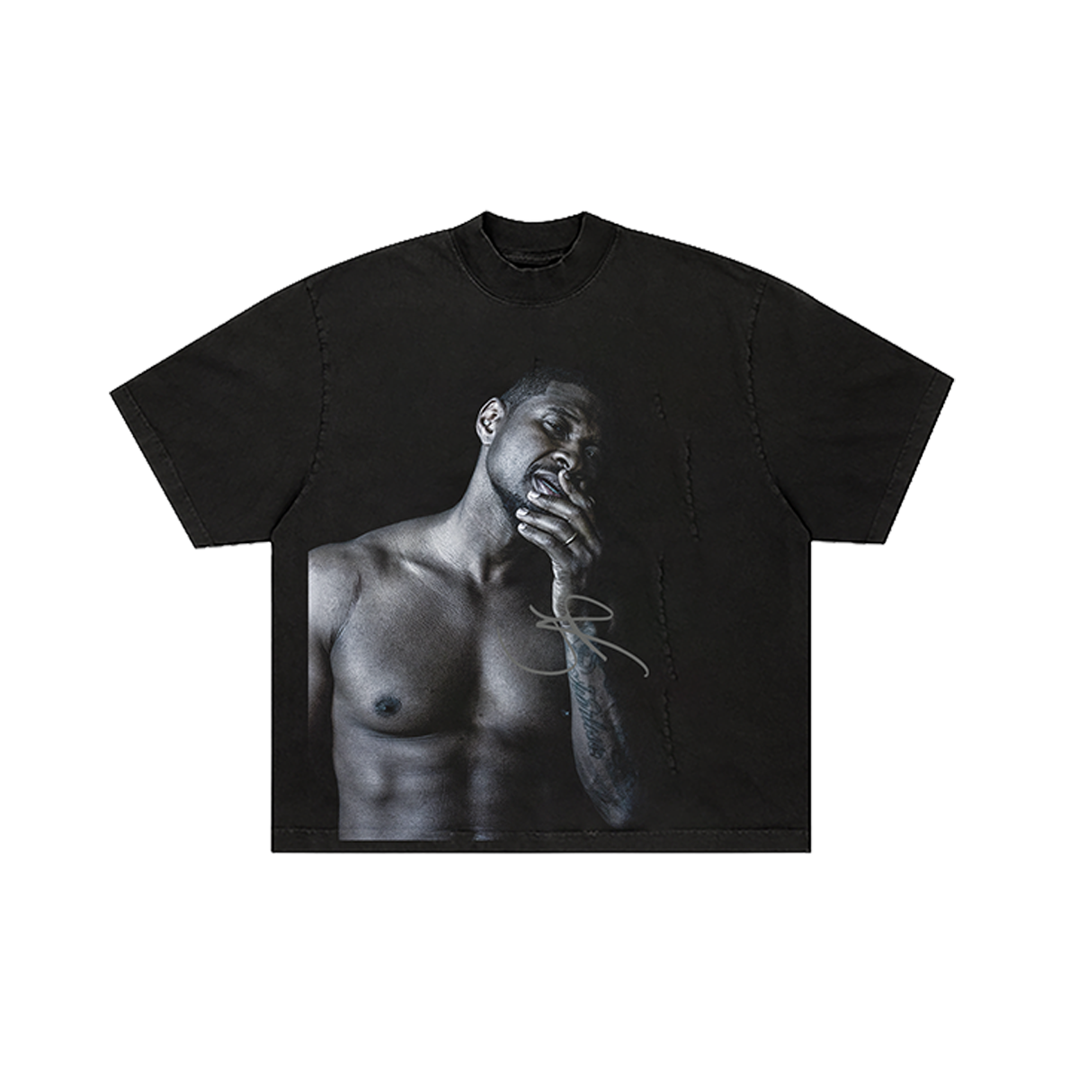 Black t-shirt with graphic design of Usher