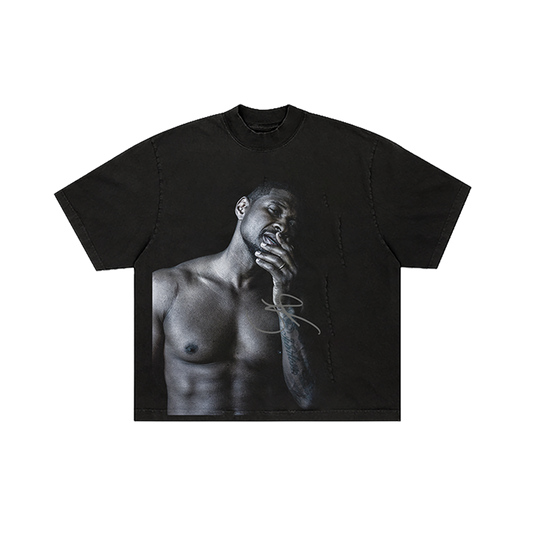 Black t-shirt with graphic design of Usher