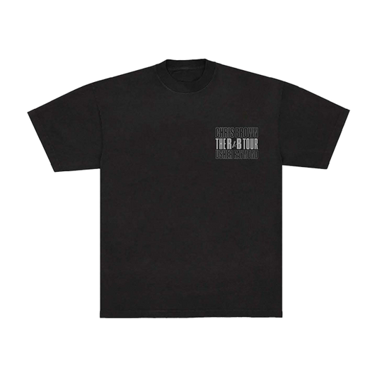 Black t-shirt with R&B Tour text design on the front