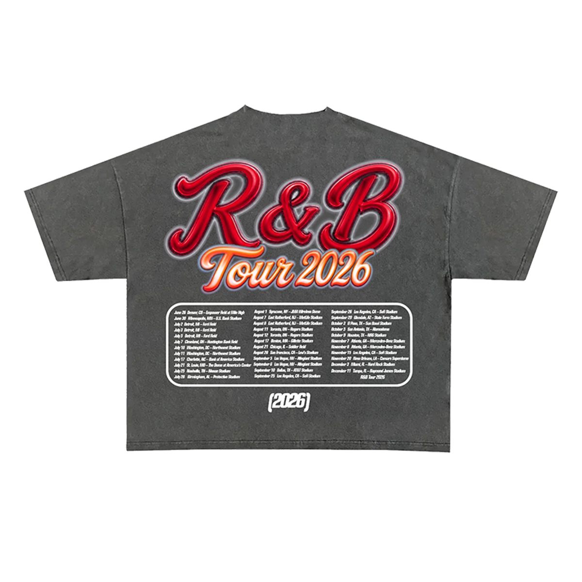 Gray t-shirt with red and orange text 'R&B Tour 2026' 