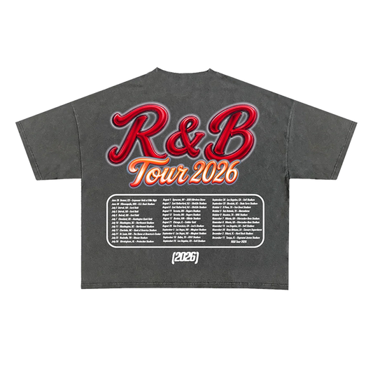 Gray t-shirt with red and orange text 'R&B Tour 2026' 