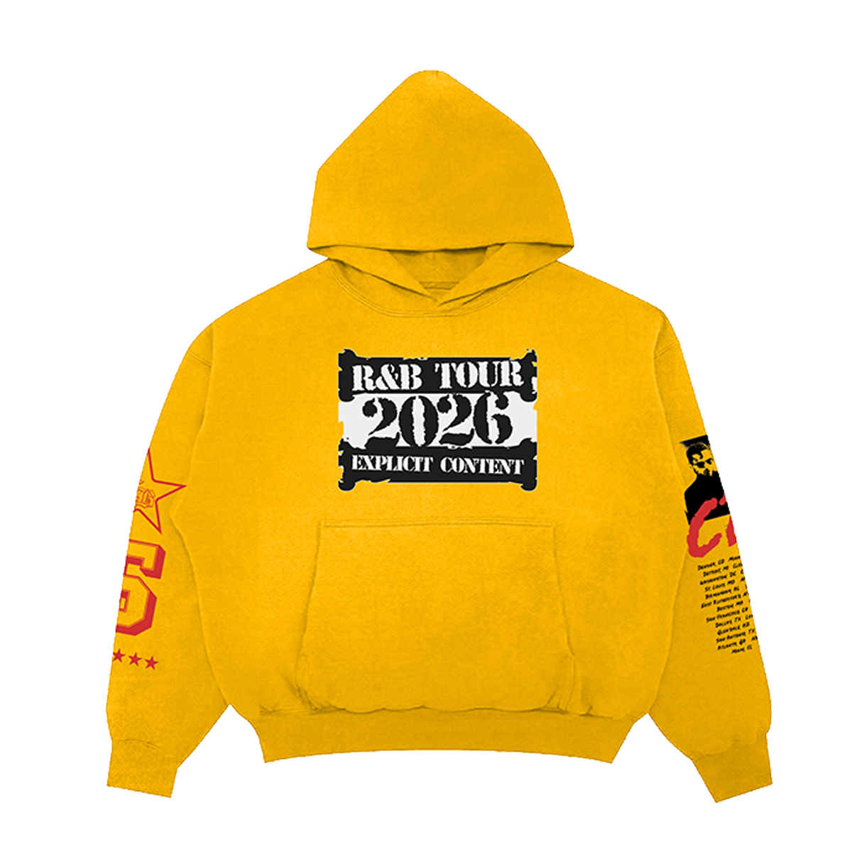 Yellow hoodie with 'R&B Tour 2026 Explicit Content' text