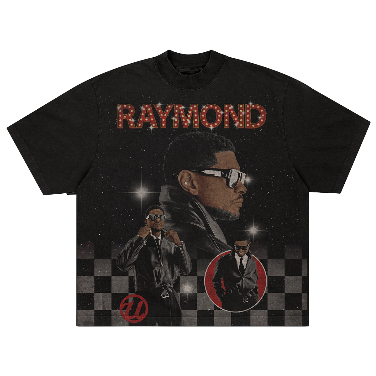 Black t-shirt with graphic design and 'RAYMOND' text 