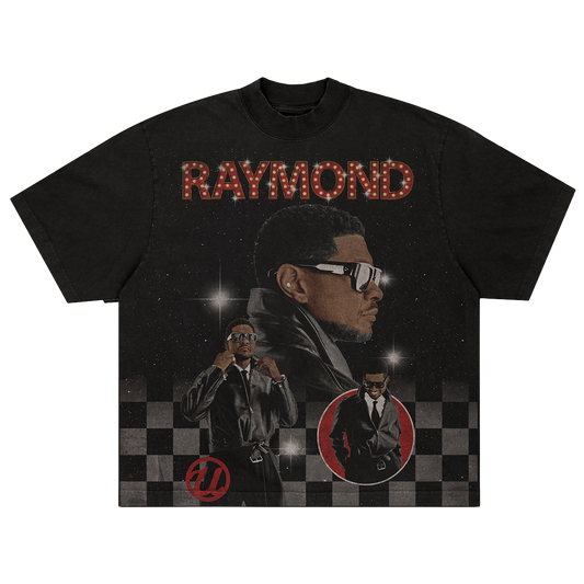 Black t-shirt with graphic design and 'RAYMOND' text 