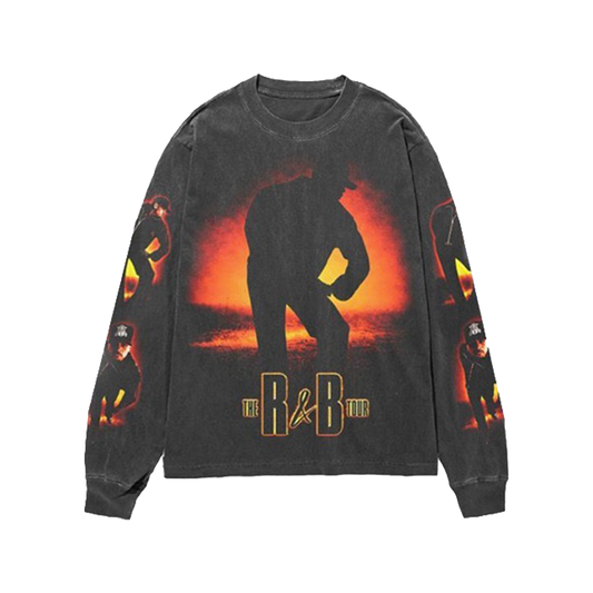 Long-sleeve shirt with graphic design of a silhouette and 'R&B' text 