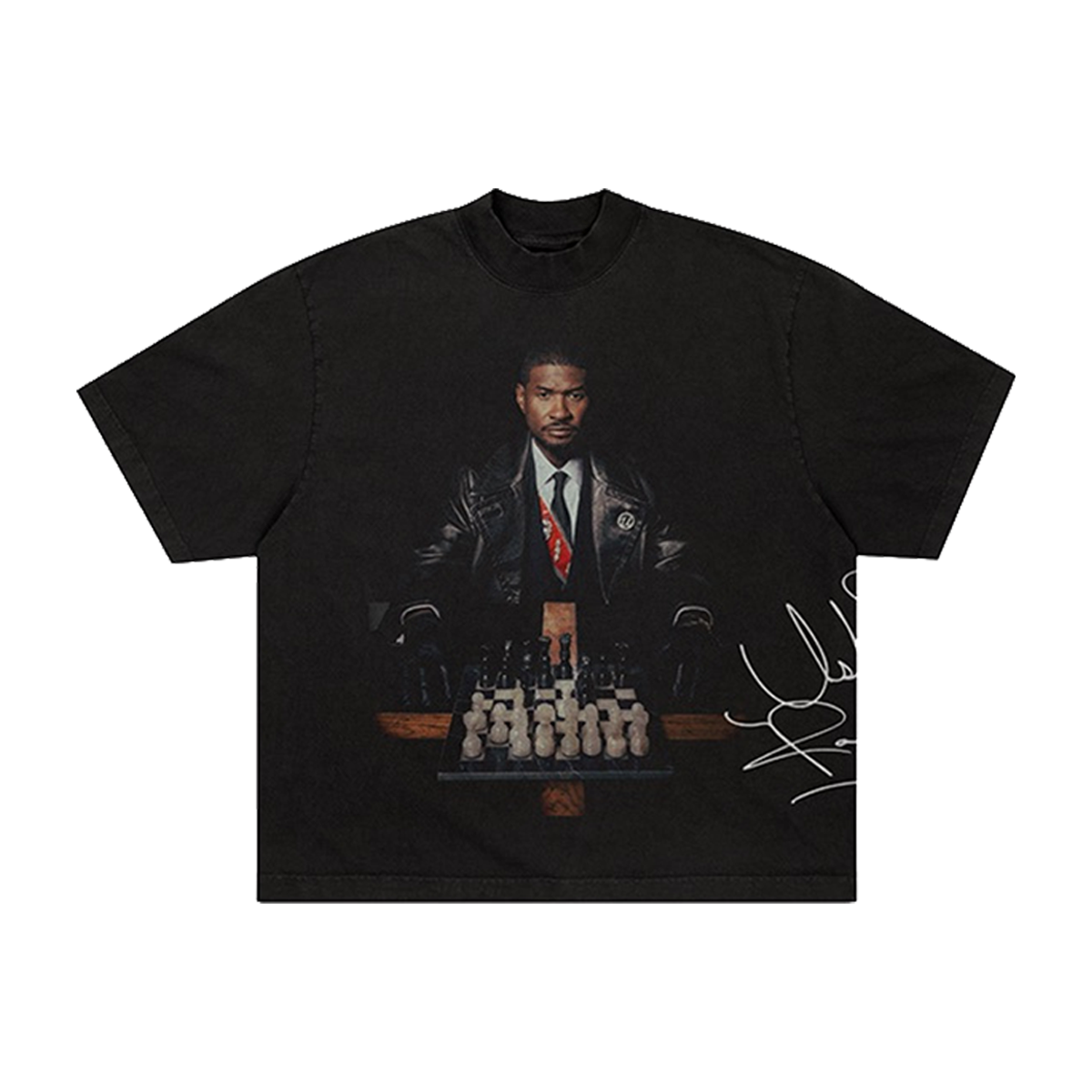 Black t-shirt with a graphic of Usher in a suit and tie, chessboard, and signature 