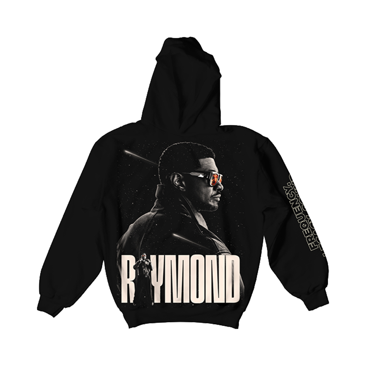 Black hoodie with a graphic of Usher Raymond
