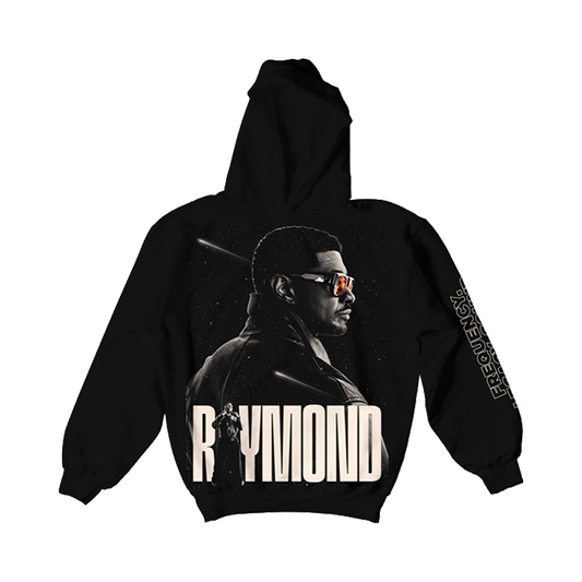 Black hoodie with a graphic of Usher Raymond