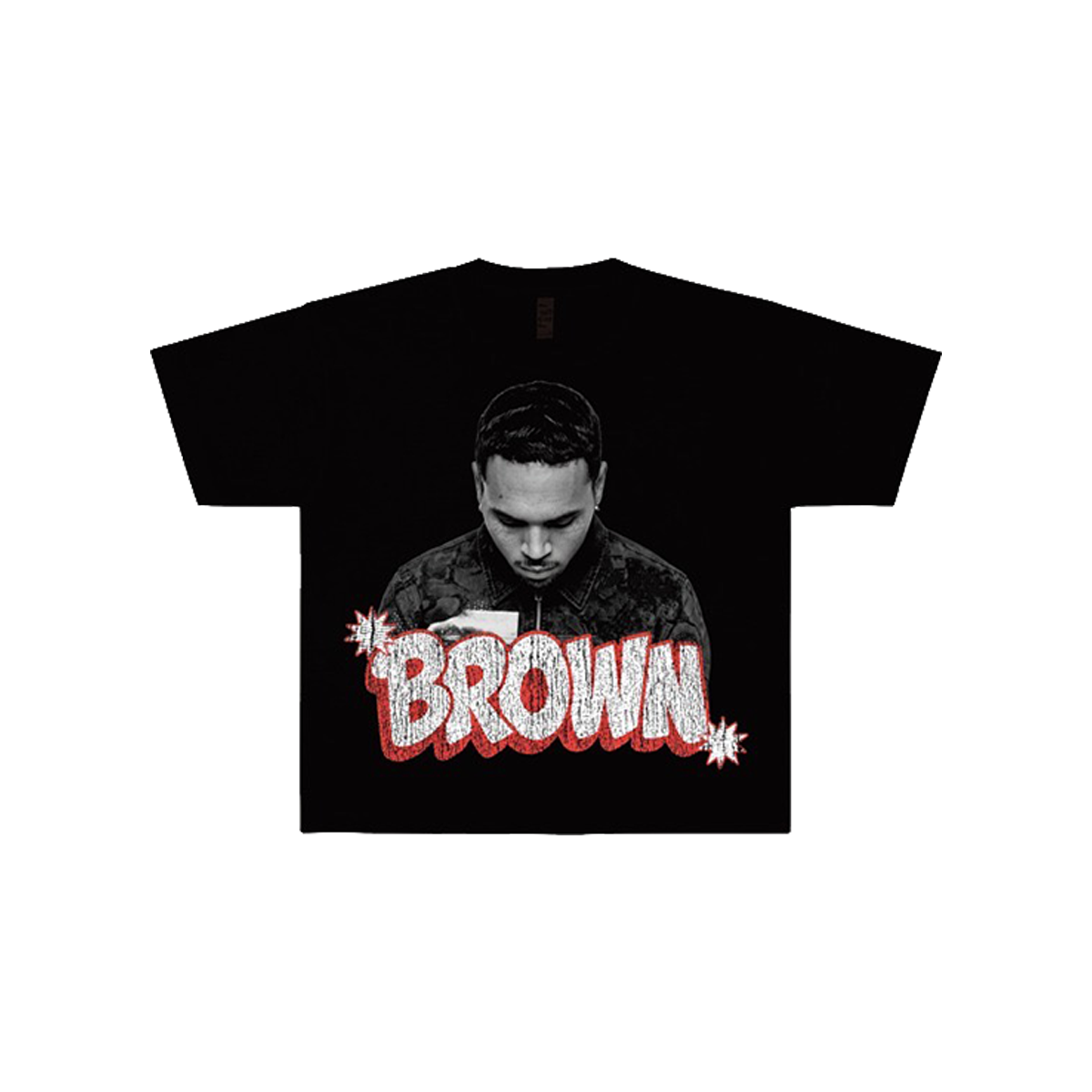 Black t-shirt with a graphic of Chris Brown and the word 'BROWN' in red and white text