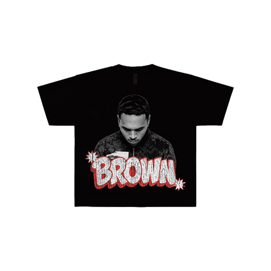 Black t-shirt with a graphic of Chris Brown and the word 'BROWN' in red and white text
