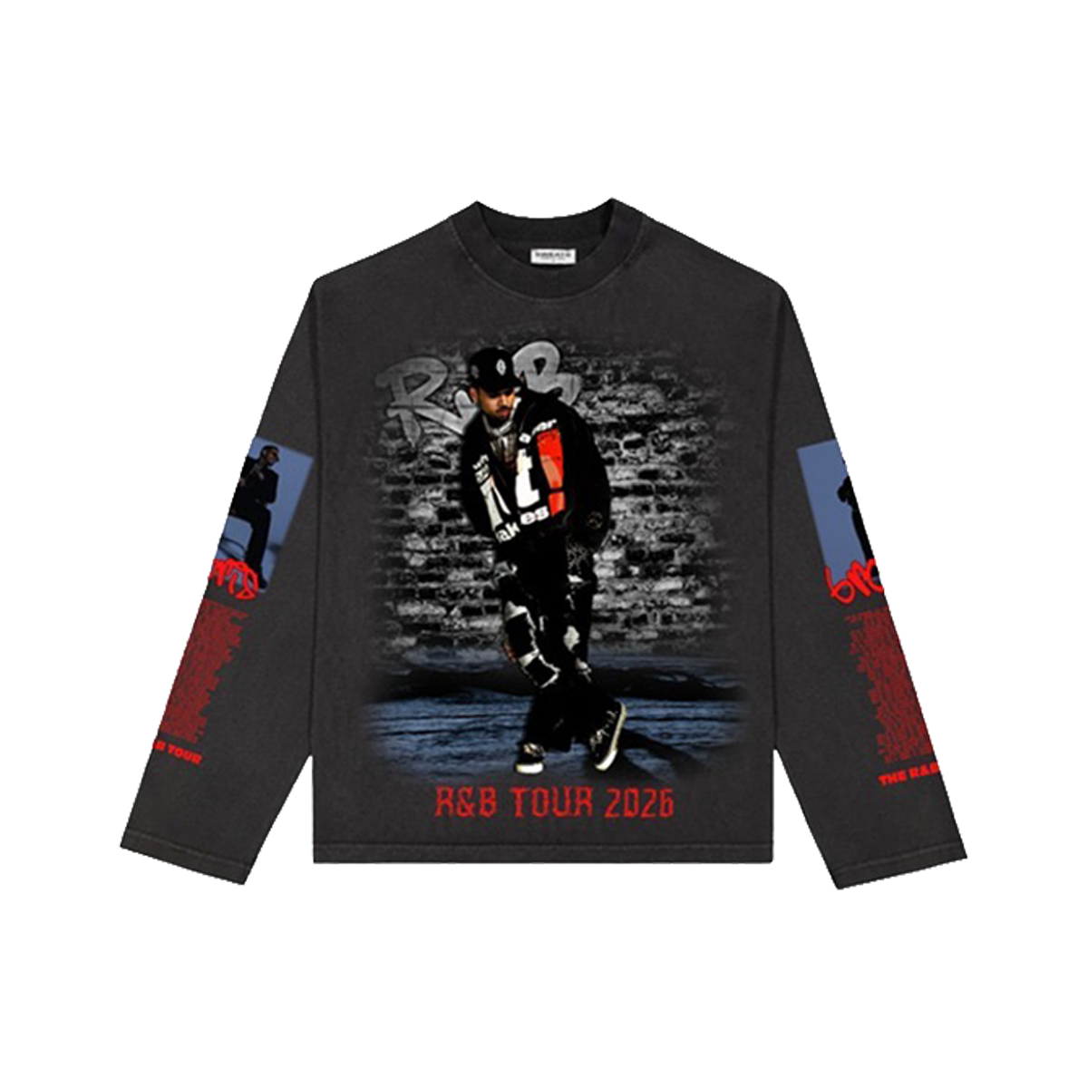 Black long-sleeve shirt with graphic design of Chris Brown and 'R&B Tour 2026' text
