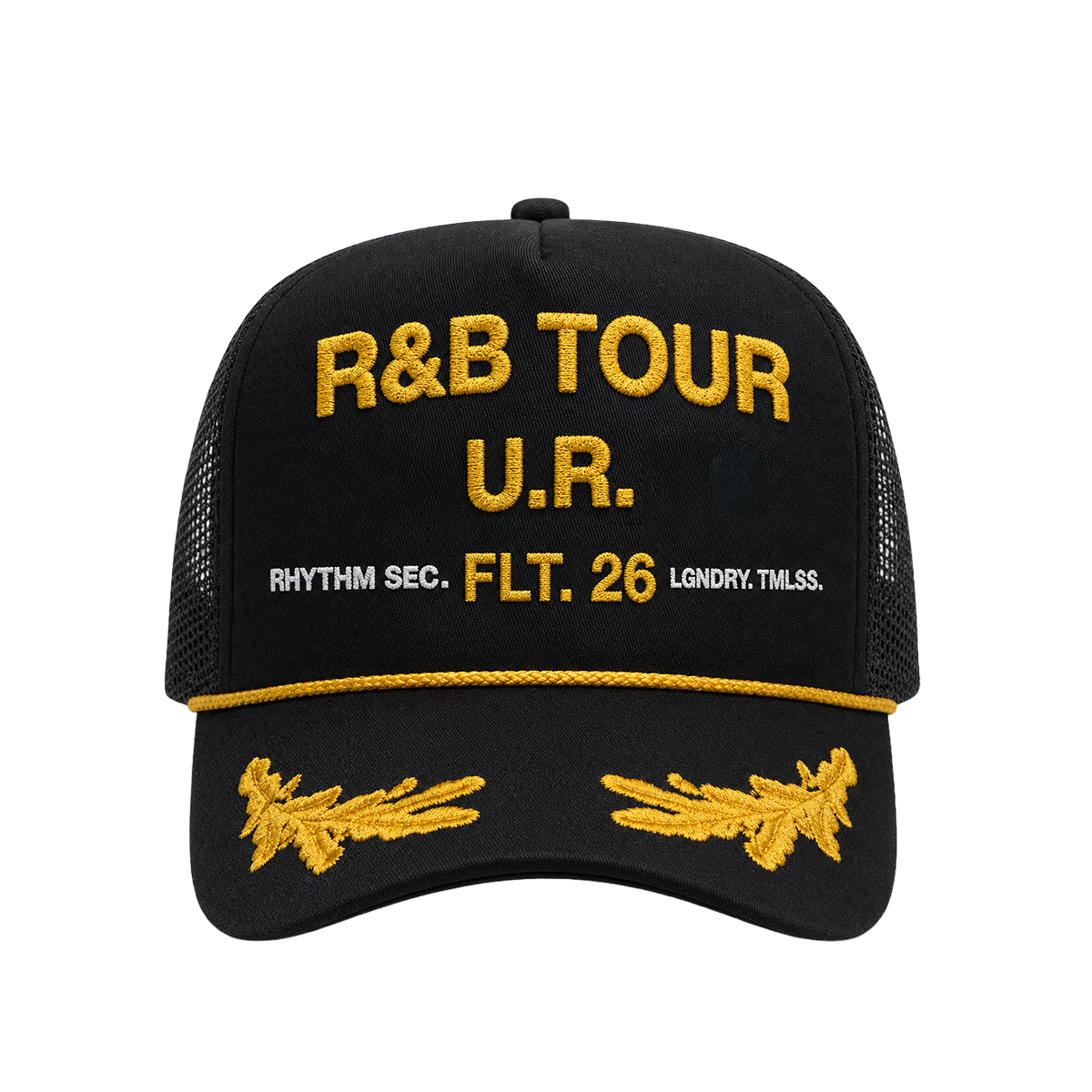 Black cap with yellow text and designs featuring R&B Tour