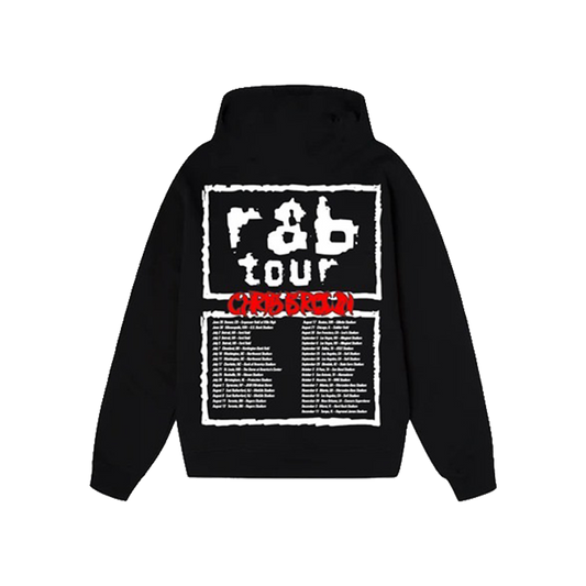 Black hoodie with white and red text and tour dates on back