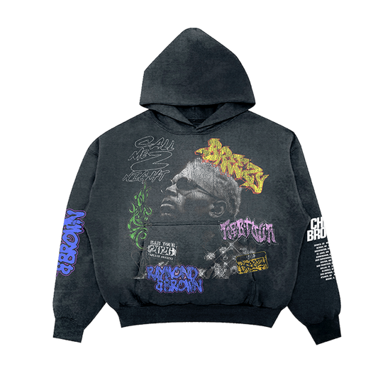 Black hoodie with colorful graphics and text 