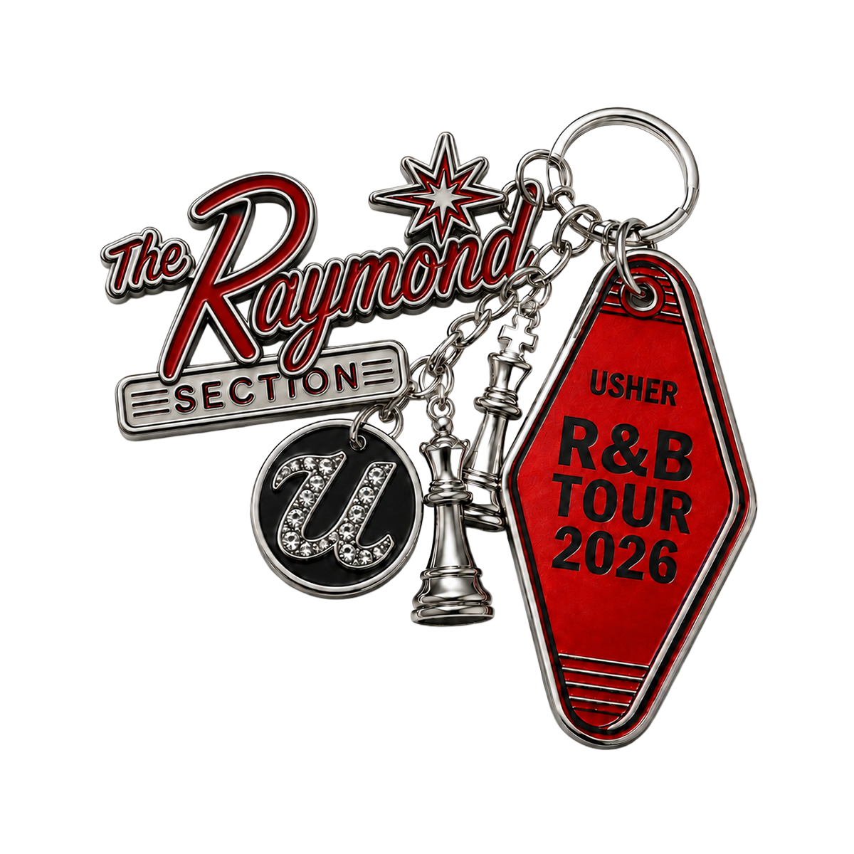 Keychain with 'The Raymond Section' and 'Usher R&B Tour 2026' charms 