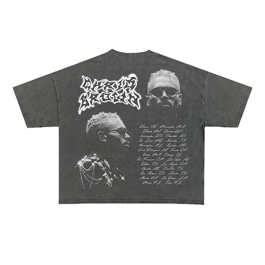 Gray t-shirt with graphic designs and text on the back