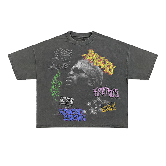 Gray t-shirt with graphic designs and text