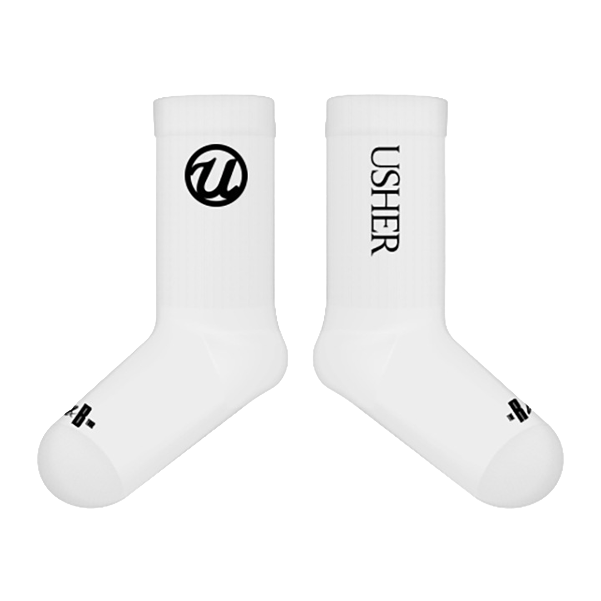 White socks with black Usher logo 