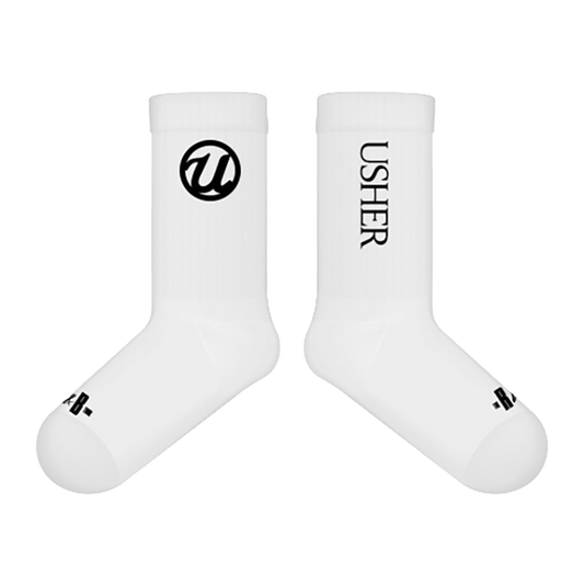 White socks with black Usher logo 