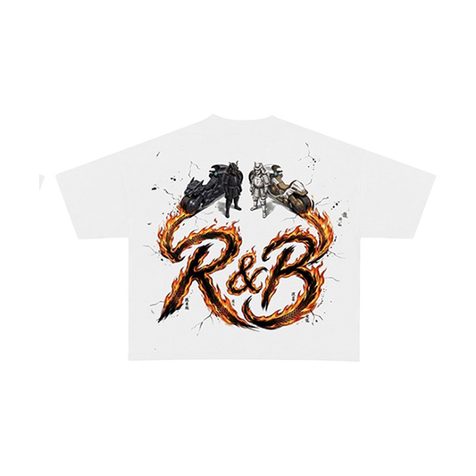 White t-shirt with 'R&B' design featuring flames and silhouettes on the back
