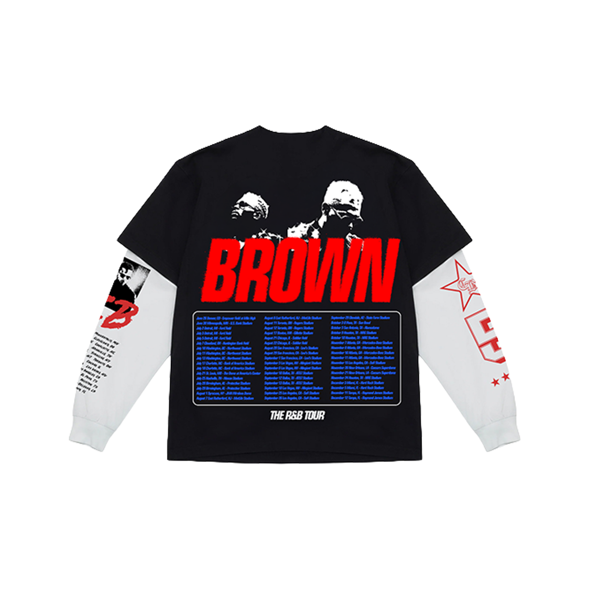 Black long-sleeve shirt with red and white text and graphics with tour dates