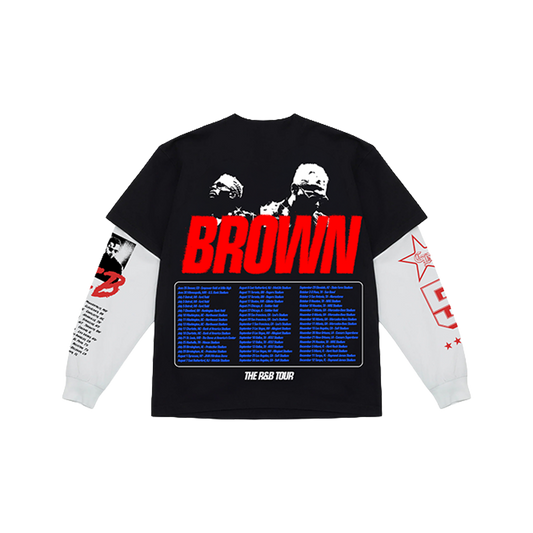 Black long-sleeve shirt with red and white text and graphics with tour dates