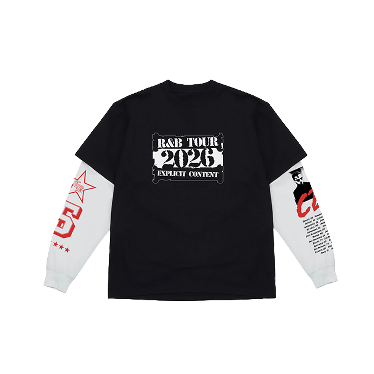 Black long-sleeve shirt with graphic designs and text
