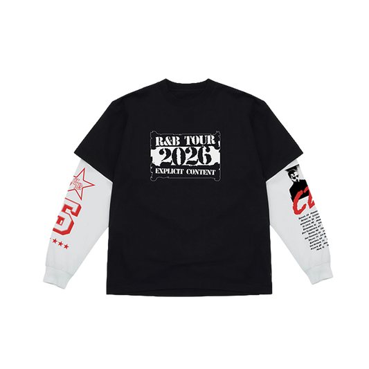 Black long-sleeve shirt with graphic designs and text