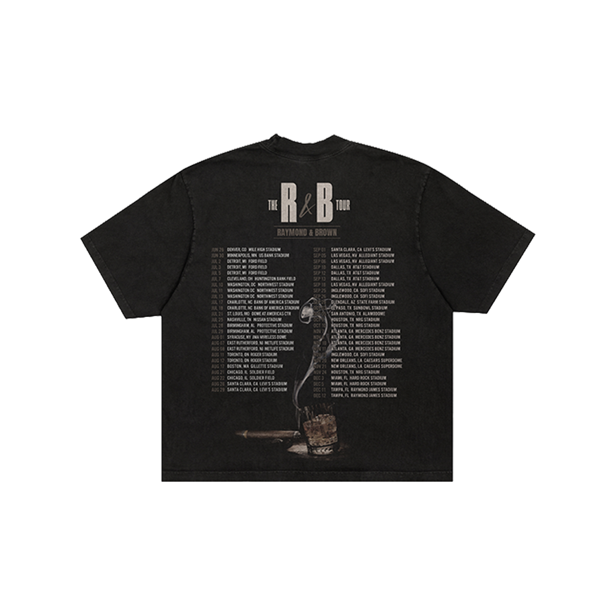 Black t-shirt with graphic design and tour dates on the back
