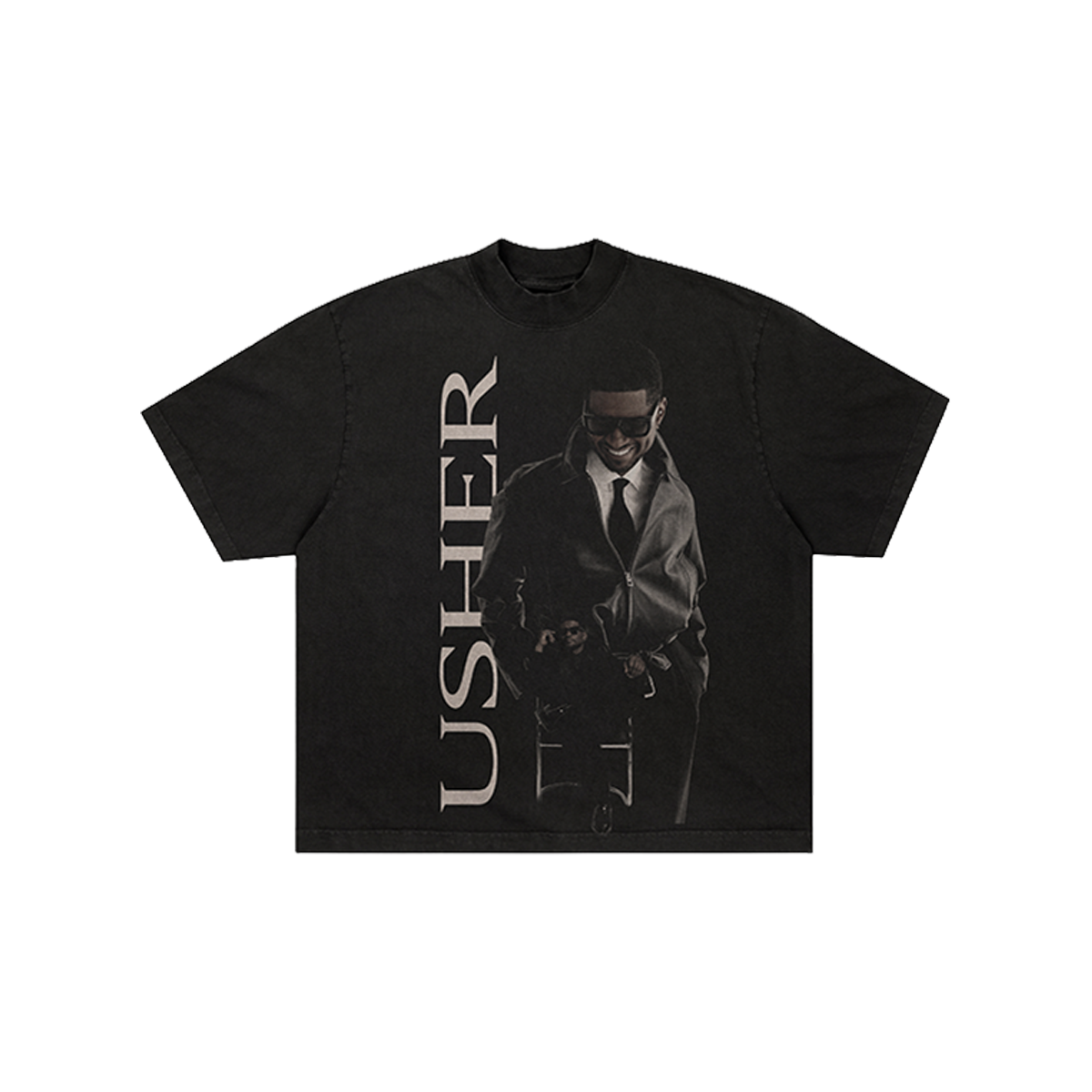 Black t-shirt with a graphic of Usher and 'Usher' text